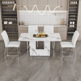 Table and chair set.63"x35.4" White Marble-Patterned MDF Dining Table Set with 4 Armless White PU Chairs.The backrest of the dining chair is designed