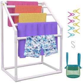 VEVOR Pool Towel Rack, 5 Bar, White, Freestanding Outdoor PVC Trapedozal Poolside Storage Organizer, Include 8 Towel Clips, Mesh Bag, Hook